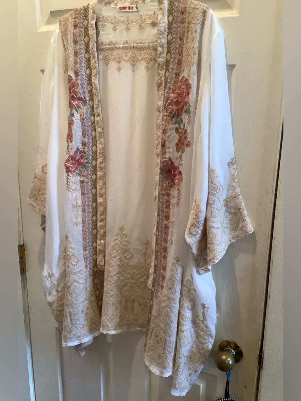 Johnny Was Ivory Embroidered Open Front Jacket, Size XXL, Vintage